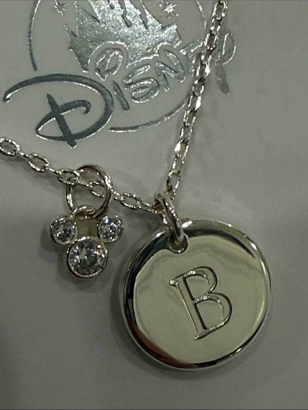 Disney Silver Tone 'B' Initial Necklace with Crystal Mickey Accent